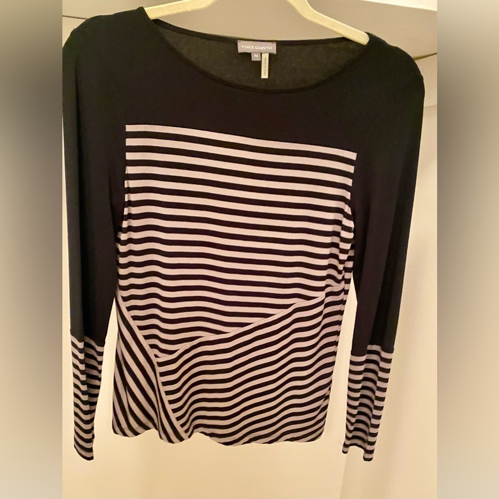 Vince Camuto Petite Black and Beige Striped Long Sleeve Tee
